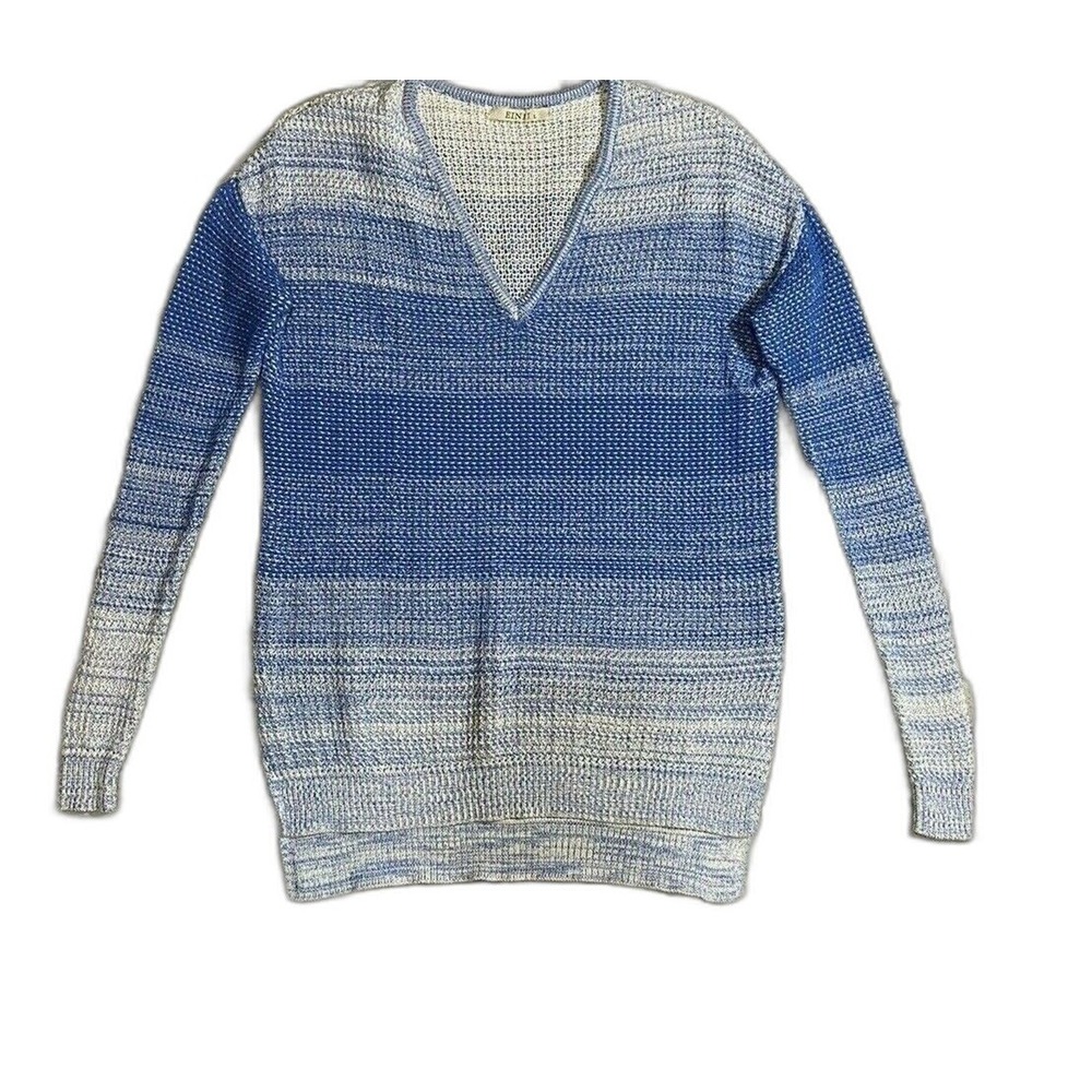 EINII Sweater LARGE Blue Ombre Stripe Knit V Neck Stretch Side Split‎ Comfort